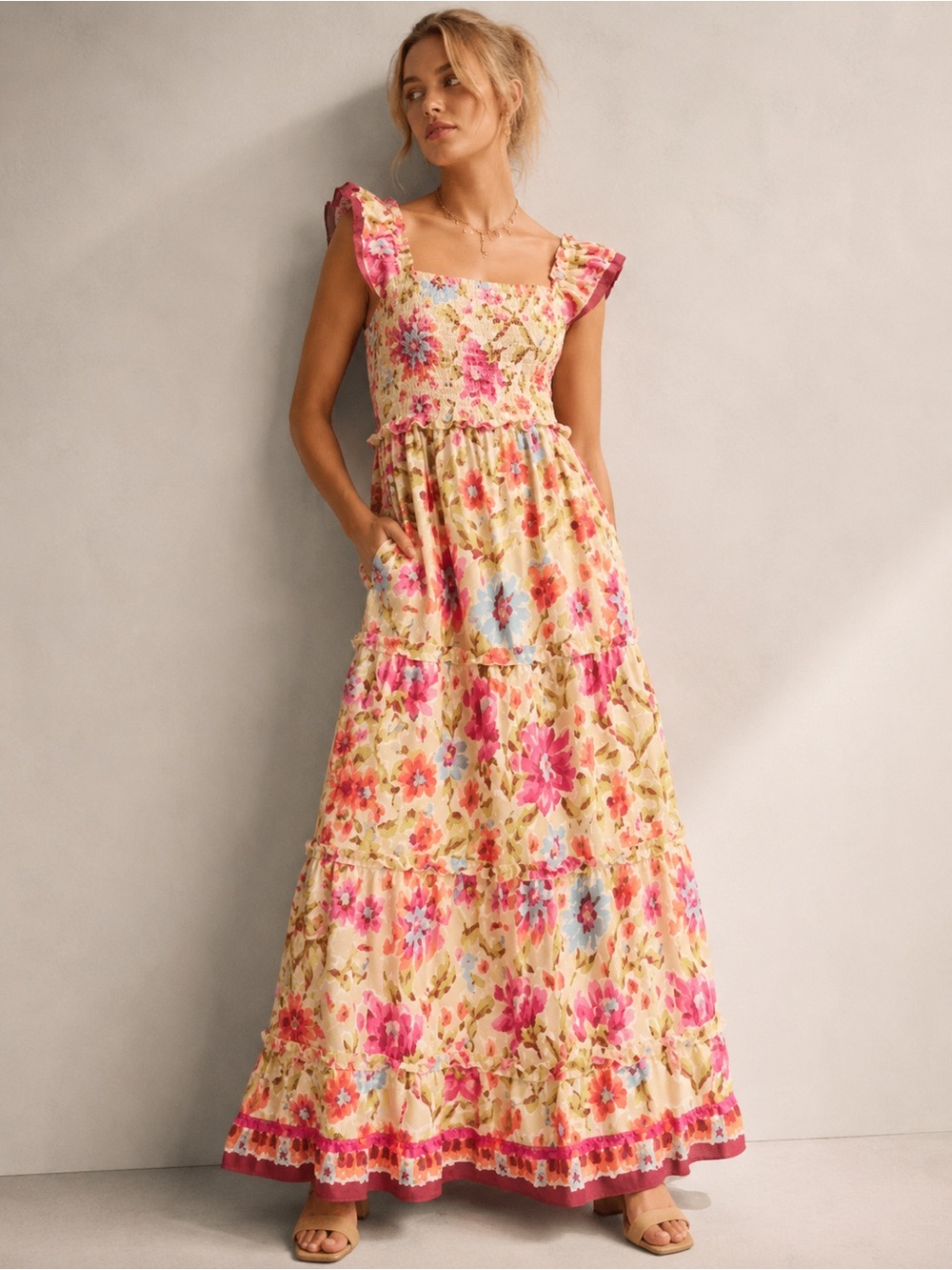 NWT House of Harlow 1960 Zoey Khaki Floral Whimsy Fairy Smock Pocket Maxi Dress